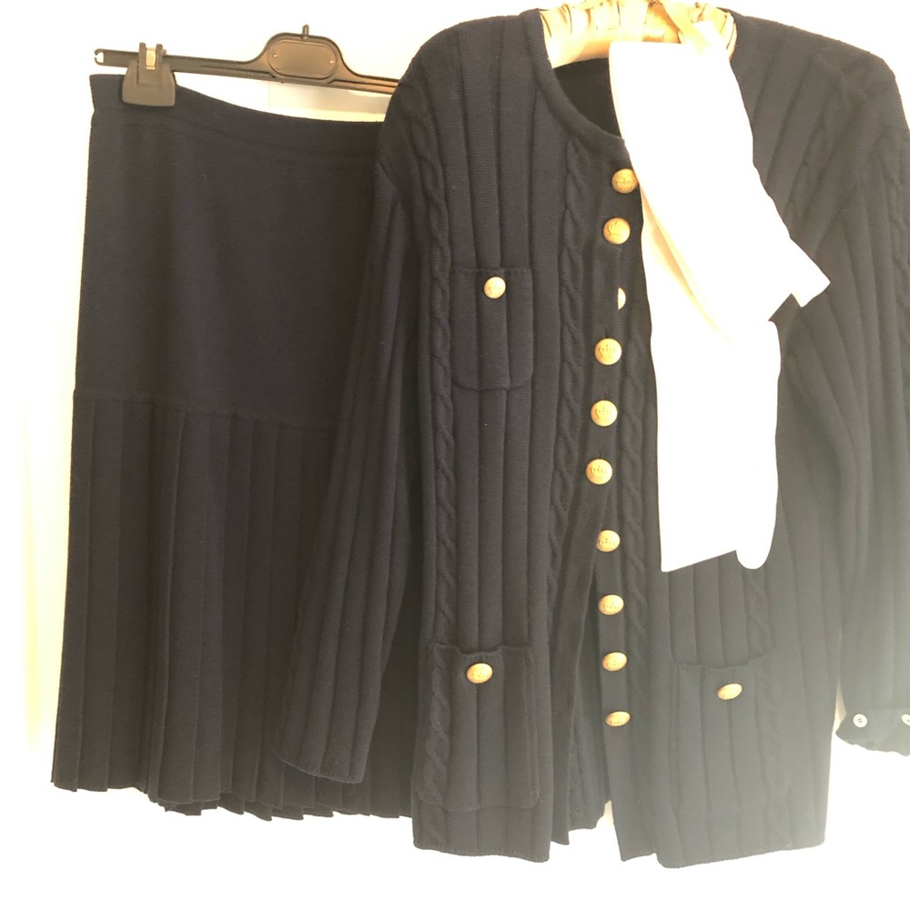 Navy Knit Cardigan and Skirt Suit
